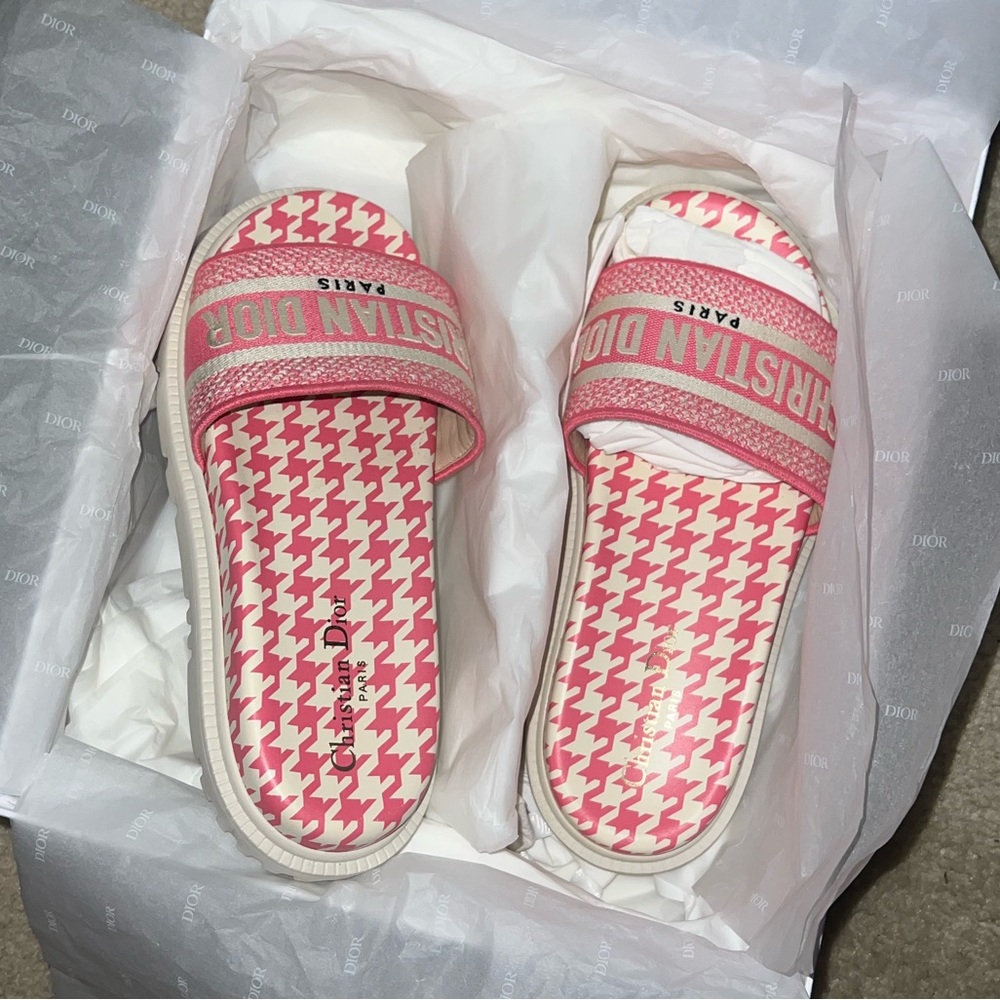 DIOR Bright Pink Toile de Jouy Embroidered Cotton DWAY SLIDE - Picture 3 of 7